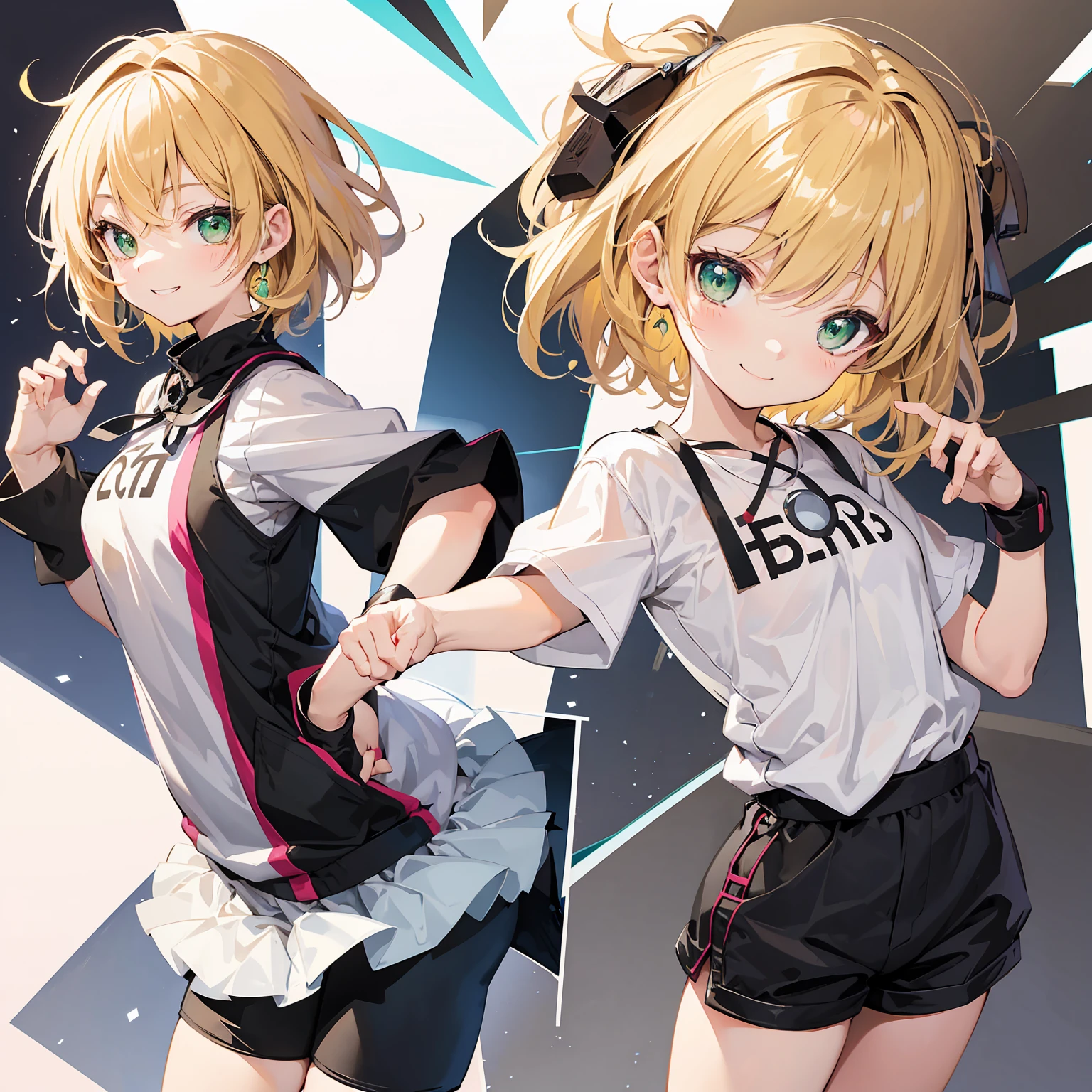  anime girl, cute, , happy smile, boyish clothes, shorts, short blonde hair, green eyes, best quality