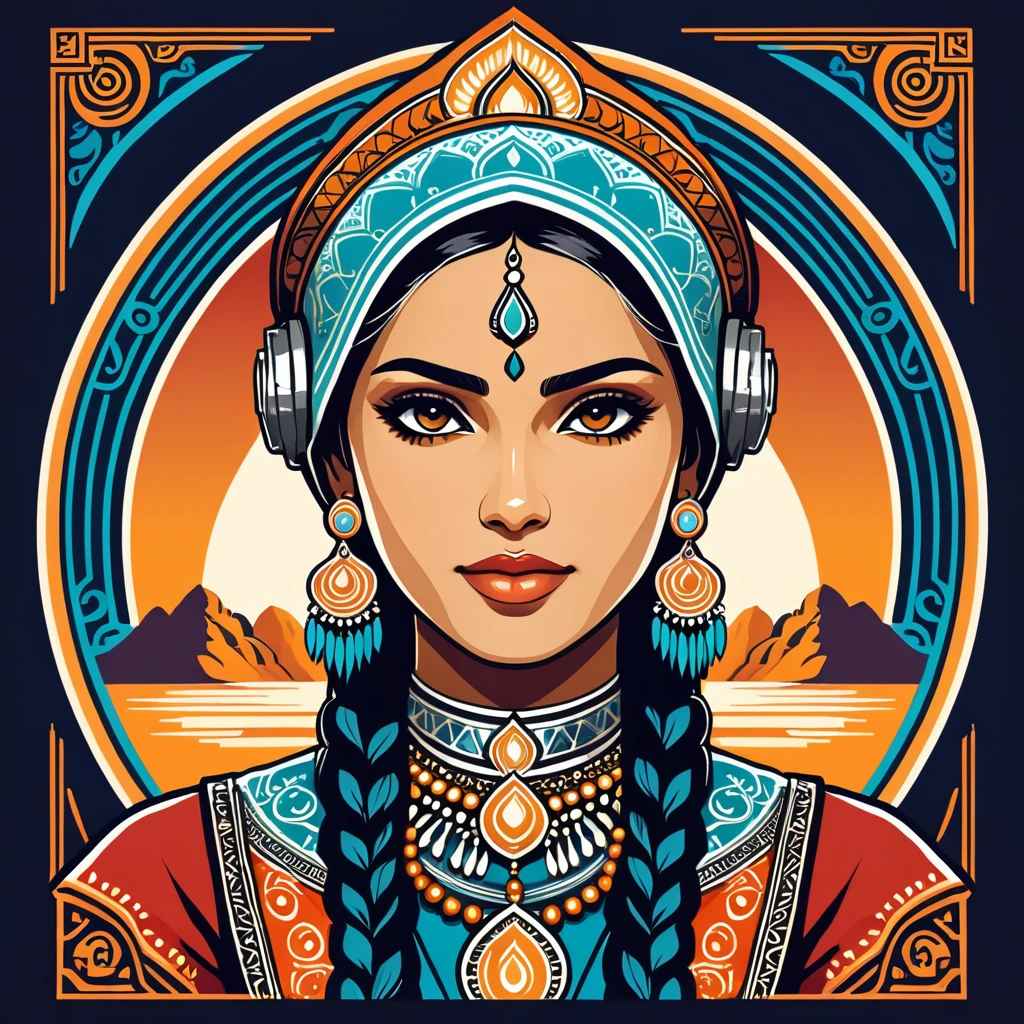 female netrunner in indian folk outfit, vector graphics, strong contours, logo design