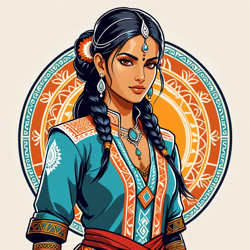 female netrunner in indian folk outfit, vector graphics, strong contours, logo design
