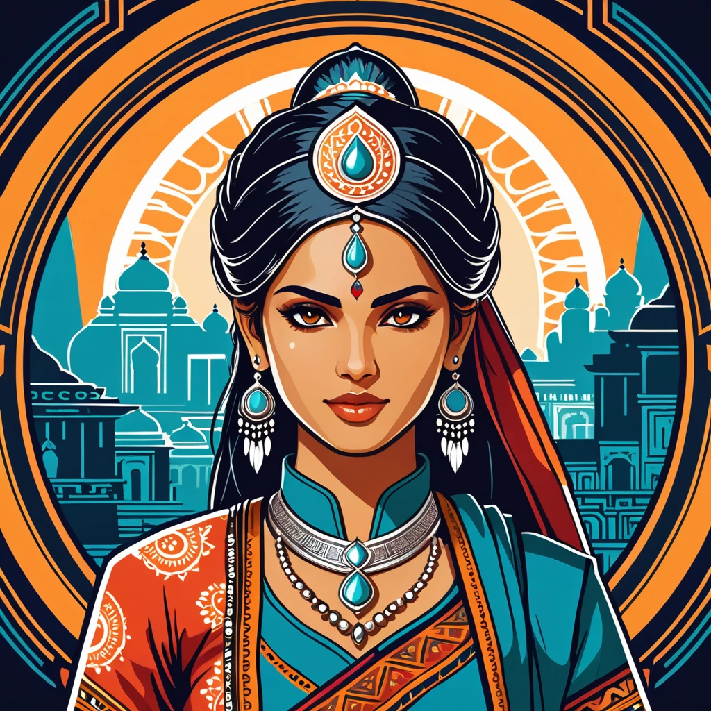 female netrunner in indian folk outfit, vector graphics, strong contours, logo design
