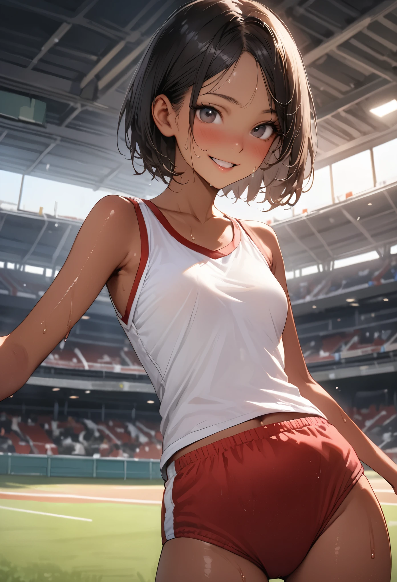 ((masterpiece,Highest quality:1.3,best quality illustration)),((realistic:1.2)),cowboy shot,独奏,1woman,18 year old beauty、black hair,short bob hair,(center parted bangs),black eyes,(gorgeous big eyes),((very small head:1.4)),smile,((slender body:1.2,skinny)),(tan skin:1.4),small breasts,(White tank top、school gym red buruma),gleaming skin,oily skin,slender body,sweat,standing,Athletics Stadium、Tokyo、