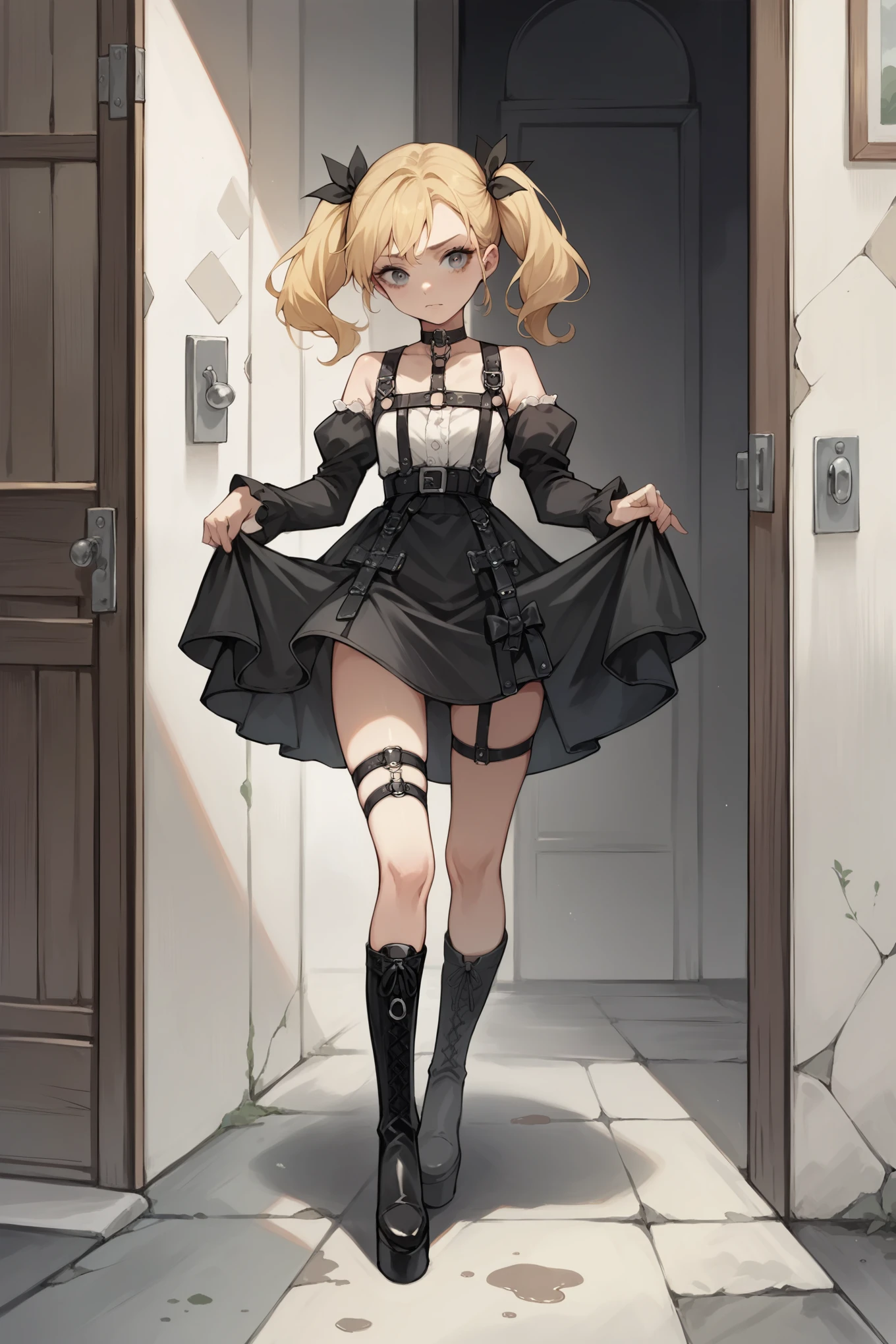 score_9, score_8_superior, score_7_superior, score_6_superior, sauce_anime, Blake 1girl Door Mary, Blonde, Twin tails, x Hair accessories, Hair Ribbon, choker, Harness, Black Skirt, Black and white dress, Removable sleeves, black sleeves, Thigh straps, Platform boots, Skirt Hold, I'm watching you, blush, I'm watching you, corridor, Mansion, Leaning forward 1boy vaginal,sex nsfw