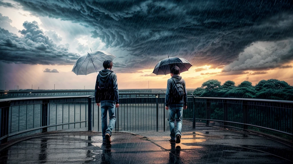 anime scene of a man walking across a bridge with an umbrella, makoto shinkai. —h 2160, beautiful anime scene, stormy weather. makoto shinkai, in style of makoto shinkai, ( ( makoto shinkai ) ), style of makoto shinkai, inspired by Makoto Shinkai, mokoto shinkai