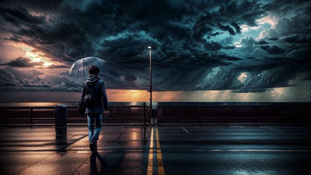 anime scene of a man walking across a bridge with an umbrella, makoto shinkai. —h 2160, beautiful anime scene, stormy weather. makoto shinkai, in style of makoto shinkai, ( ( makoto shinkai ) ), style of makoto shinkai, inspired by Makoto Shinkai, mokoto shinkai