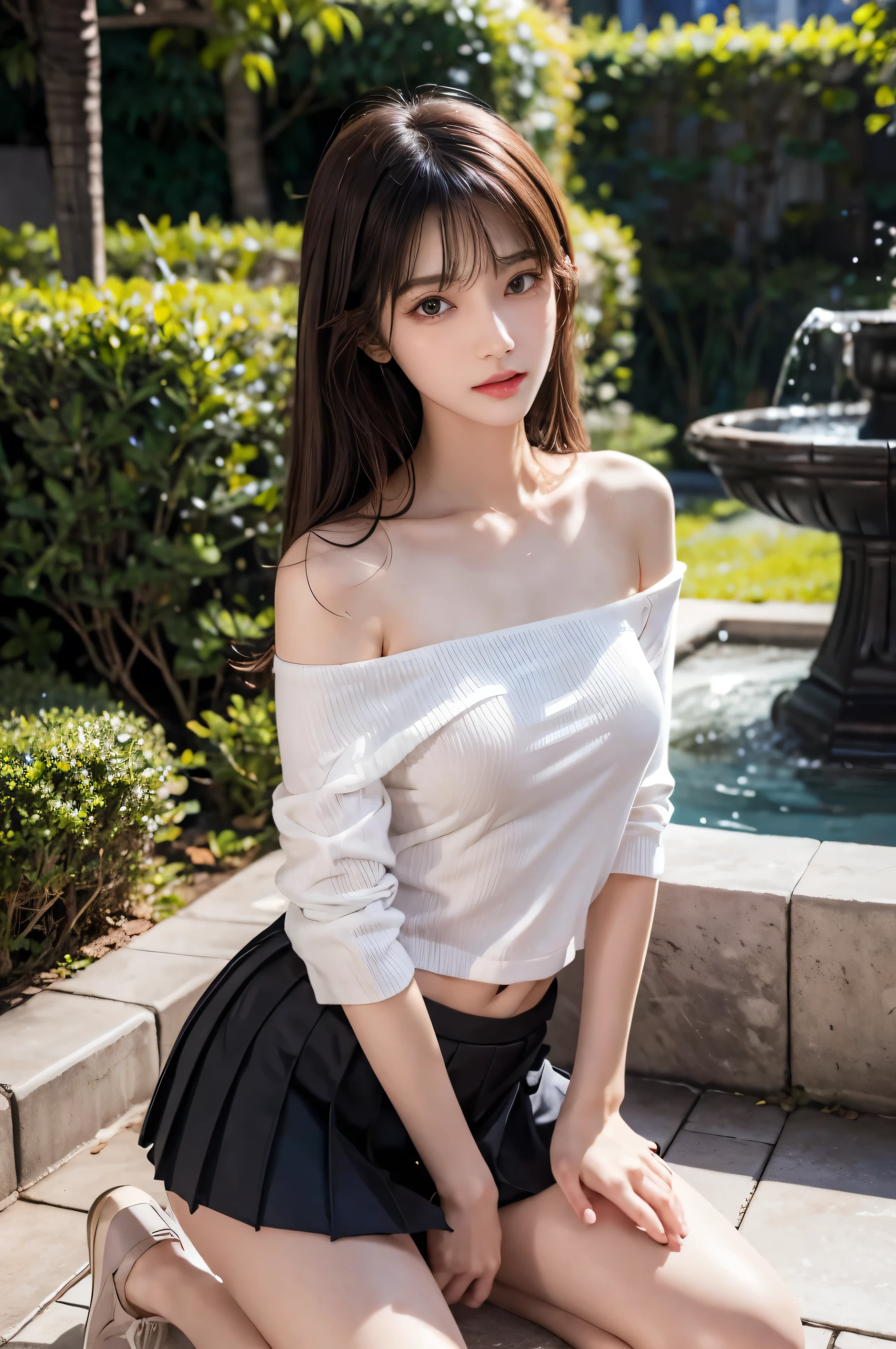 (ultra HD), (White off-shoulder knit shirt, Black pleated mini skirt), Big Breasts, Slender, whole body, (Clean and shiny skin, Whitening, No makeup), (超Slenderな顔立ち, Super beautiful face, Delicate face), (long hair, Layered Cut, Fluffy hair,light brown), (Patchy double eyelids, Slanted Eyes), Small Nose, Thin lips, Thin legs, Park with a fountain