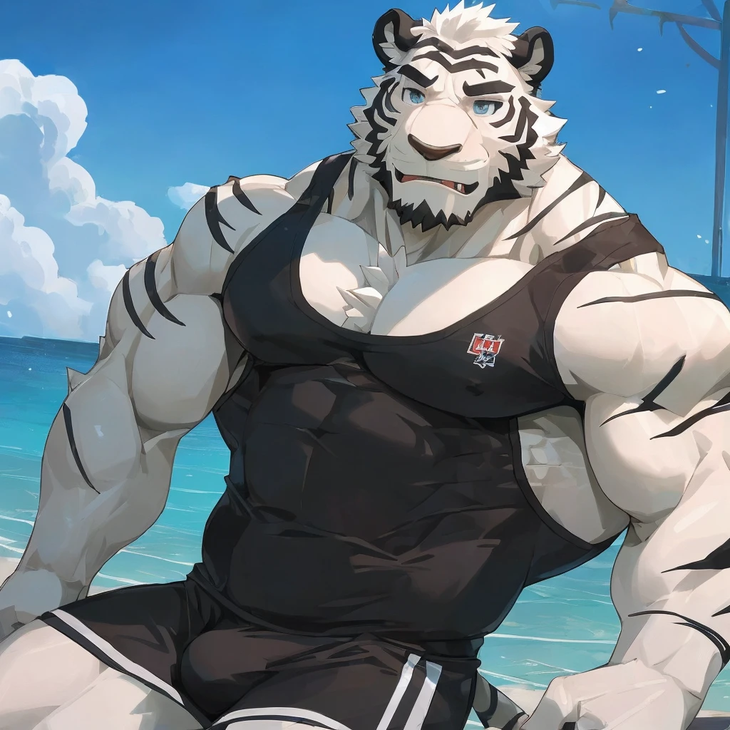 masterpiece,best quality,Ocean滩,Ocean,Sunlight,Male focus,Tiger-type orcs,(sports:1.5), (White fur,Black eyebrows:1.5), Onyx eyes,Black pupil,Black Nose,Five fingers,Strong body,Pectoralis major,Eight-pack abs,Unbutton your clothes to reveal your chest muscles,belt,Transparent swimsuit