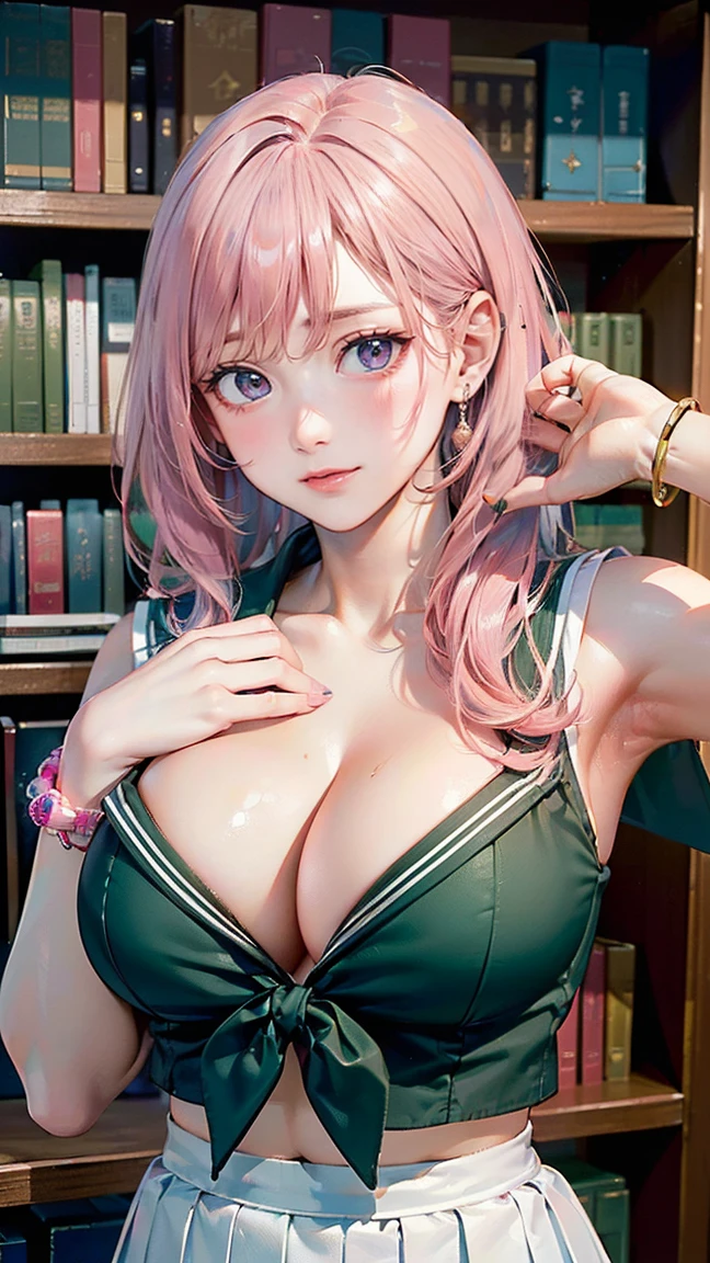 ((Highest quality, 8k, masterpiece :1.3)), (Sharp focus :1.2, Beautiful woman with perfect figure :1.4, Slim Abs), ((Big Breasts, Emphasize cleavage:1.2)), (Photorealistic:1.4), (realistic:1.4), (Pink Hair:1.5), Highly detailed face and skin texture, Fine grain, double eyelid. Makeup face, A little bit of lipstick, sex appeal, Sexy gravure pose, ((A high school girl wearing a green sailor suit and a white pleated skirt。The background is the school library.、Bookshelves are lined up。She leaned against the bookshelf、Smiling in a sexy pose。Simple earrings and a bracelet are the accessories.。:1.3)