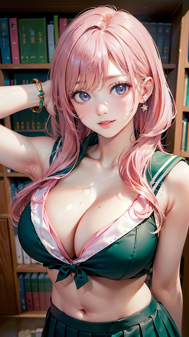 ((Highest quality, 8k, masterpiece :1.3)), (Sharp focus :1.2, Beautiful woman with perfect figure :1.4, Slim Abs), ((Big Breasts, Emphasize cleavage:1.2)), (Photorealistic:1.4), (realistic:1.4), (Pink Hair:1.5), Highly detailed face and skin texture, Fine grain, double eyelid. Makeup face, A little bit of lipstick, sex appeal, Sexy gravure pose, ((A high school girl wearing a green sailor suit and a white pleated skirt。The background is the school library.、Bookshelves are lined up。She leaned against the bookshelf、Smiling in a sexy pose。Simple earrings and a bracelet are the accessories.。:1.3)