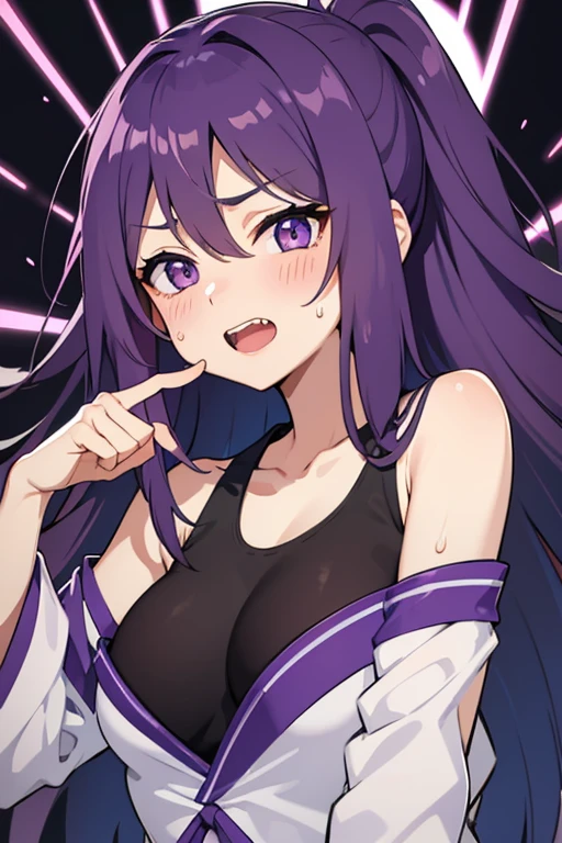 highquality, Purple Hair, Asymmetrical long hair, side, sideを強調, Raise your arms, 大量のSweat, Sweat, Double teeth