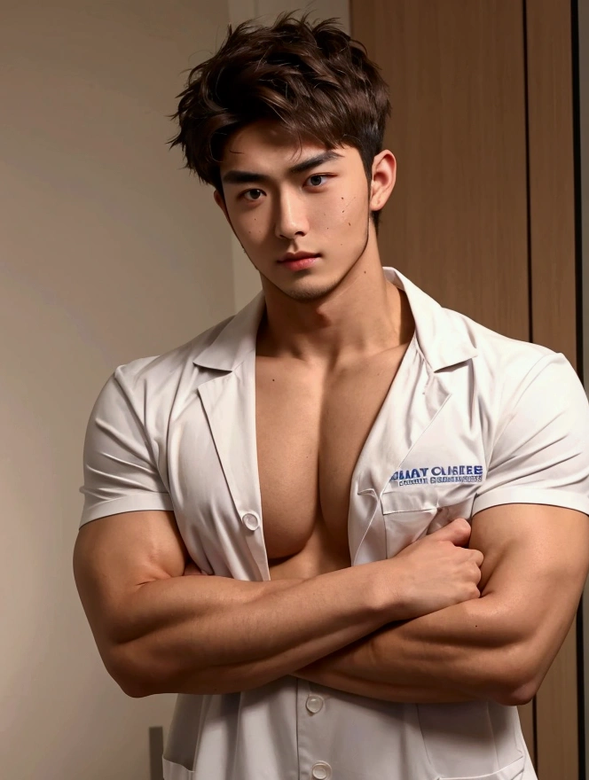 Medium shot,Medicine student,Cross your arms over your chest, cool , masculine,big muscle, 22 year old,tan skin,(messy brown hair),soft facial hair,handsome , in university