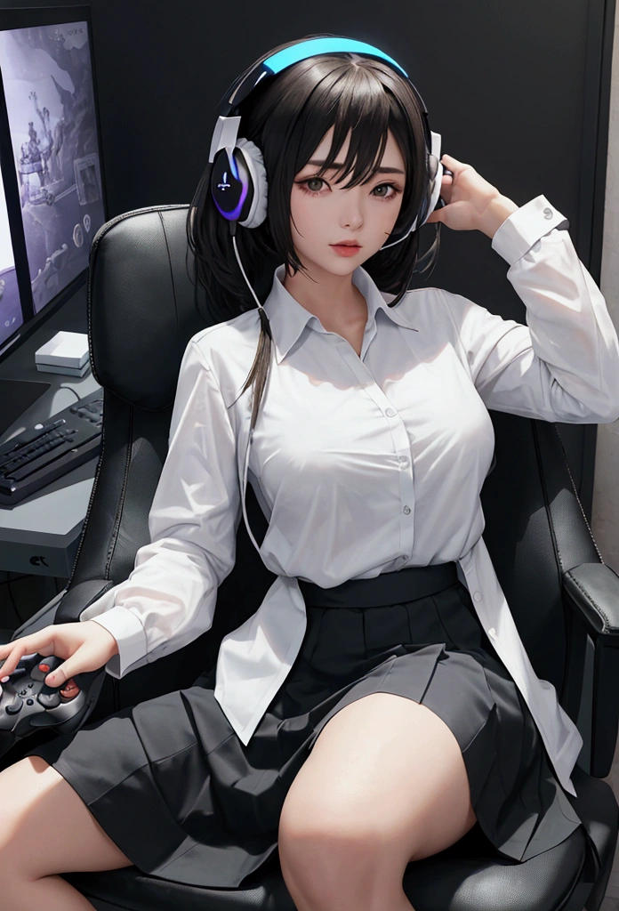 1 girl with headphones, sitting on the gaming chair, video game controller in hands, facing the computer, in the bedroom, (ps5 on the table), medium breasts, overskirt, white  shirt, with sex look