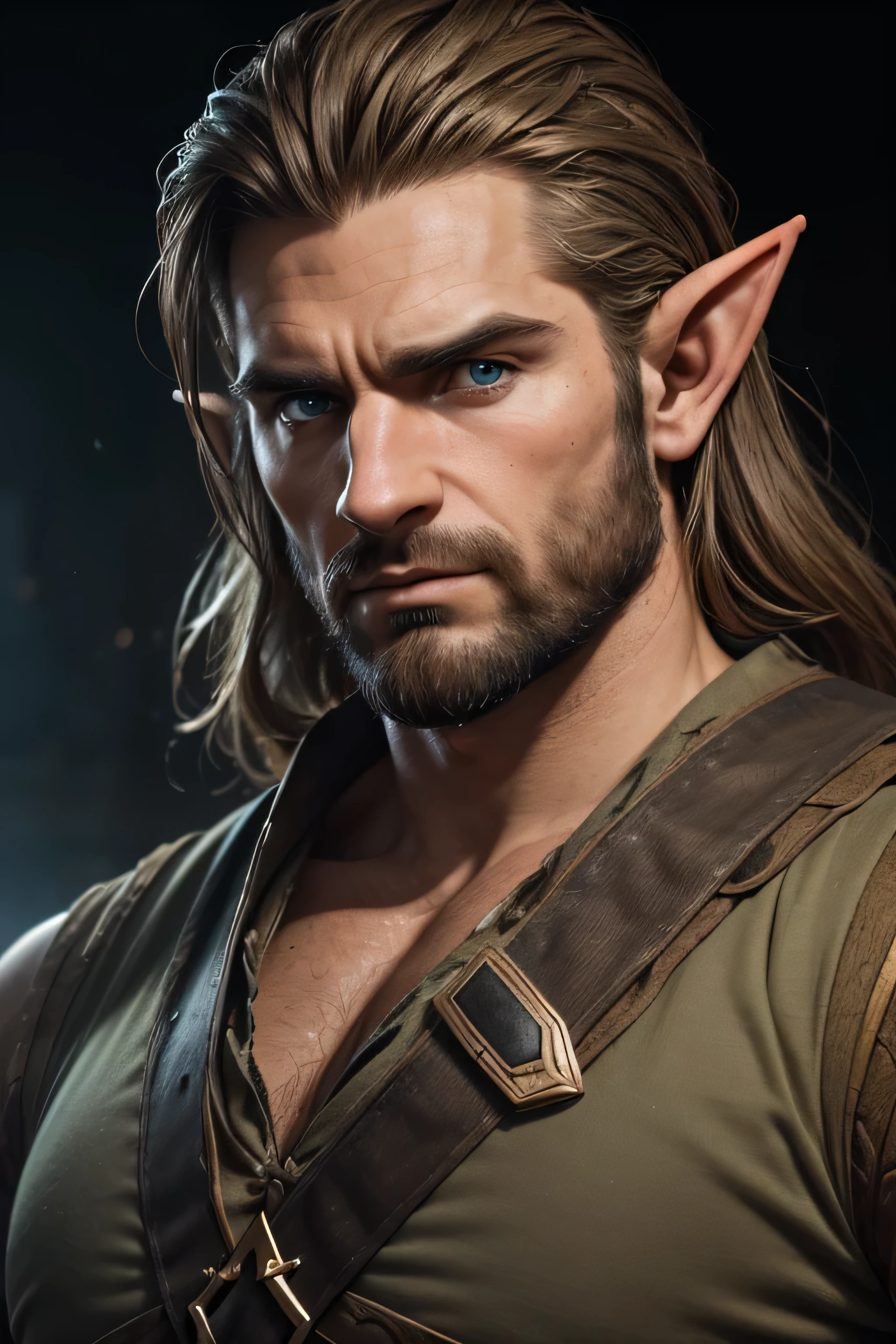 (8K, high definition, high quality, highly detailed) Handsome half- elf daddy. hyper-masculine. square jaw. hunter eyes. squinted eyes. thick facial hair. headshot. wearing middle-earth tunic. looking away from the camera. dramatic lighting.