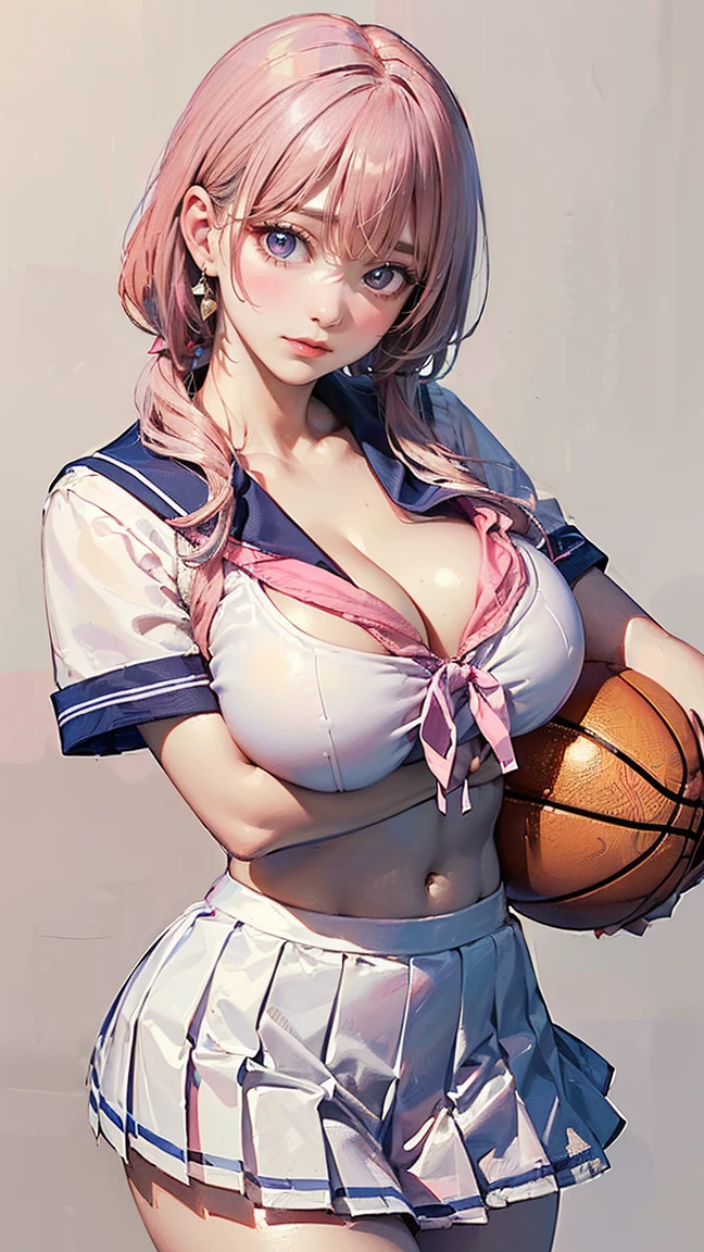 ((Highest quality, 8k, masterpiece :1.3)), (Sharp focus :1.2, Beautiful woman with perfect figure :1.4, Slim Abs), ((Big Breasts, Emphasize cleavage:1.2)), (Photorealistic:1.4), (realistic:1.4), (Pink Hair:1.5), Highly detailed face and skin texture, Fine grain, double eyelid. Makeup face, A little bit of lipstick, sex appeal, Sexy gravure pose, ((A high school girl wearing a sailor uniform with a pink ribbon and a white pleated skirt。Background in the school gymnasium、The basketball is rolling。She is holding a basketball、Smiling in a sexy pose。Simple earrings and wristbands are the accessories.。:1.3)