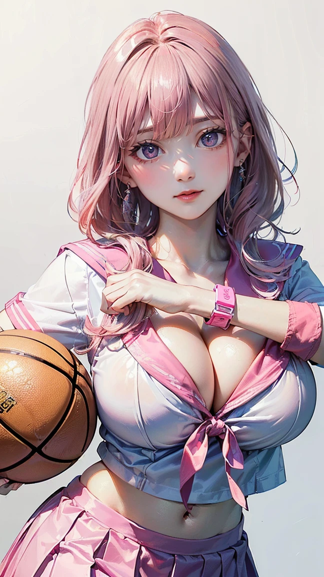 ((Highest quality, 8k, masterpiece :1.3)), (Sharp focus :1.2, Beautiful woman with perfect figure :1.4, Slim Abs), ((Big Breasts, Emphasize cleavage:1.2)), (Photorealistic:1.4), (realistic:1.4), (Pink Hair:1.5), Highly detailed face and skin texture, Fine grain, double eyelid. Makeup face, A little bit of lipstick, sex appeal, Sexy gravure pose, ((A high school girl wearing a sailor uniform with a pink ribbon and a white pleated skirt。Background in the school gymnasium、The basketball is rolling。She is holding a basketball、Smiling in a sexy pose。Simple earrings and wristbands are the accessories.。:1.3)