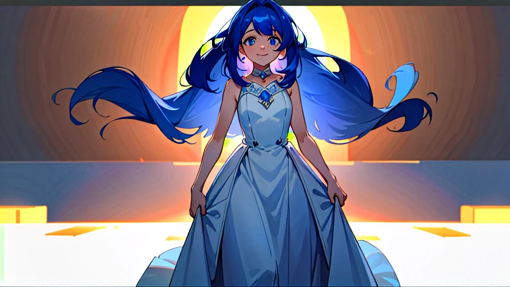 (masterpiece:1.2, best quality:1.2, beautiful, high quality, highres:1.1, aesthetic), detailed, extremely detailed, ambient soft lighting, 4K, perfect lighting, perfect face, perfect eyes,  1 girl, samantha, blue hair, blue eyes, smile, full length frame, dark blue hair