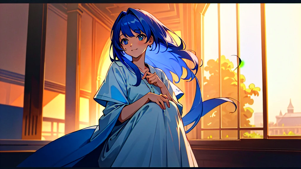 (masterpiece:1.2, best quality:1.2, beautiful, high quality, highres:1.1, aesthetic), detailed, extremely detailed, ambient soft lighting, 4K, perfect lighting, perfect face, perfect eyes,  1 girl, samantha, blue hair, blue eyes, smile, full length frame, dark blue hair