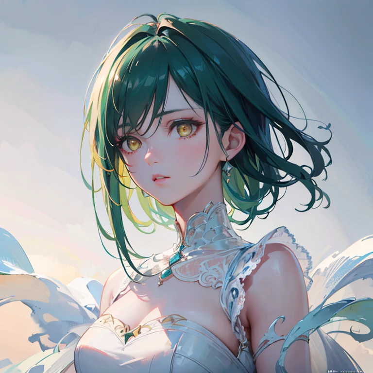 , 1girl, beautiful detailed eyes,extremely detailed eyes and face, long dark green hair, yellow eyes, detailed face, detailed hair, high quality, ((best quality,4k,8k,highres,masterpiece:1.2),ultra-detailed,(realistic,)), digital painting, cinematic lighting, dramatic lighting, dramatic colors, intricate details, cinematic atmosphere, cinematic composition, beautiful lighting, glowing skin, flawless skin, porcelain skin, elegant, graceful, serene, ethereal, goddess-like
