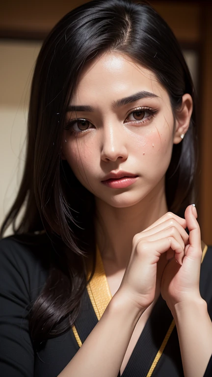 realism, 1 woman, High quality fingers, normal hand, inch details, work of art, (realism, photo-realism: 1.37), realism, 1 woman, long hair:1.5, black hair:1.2, conjunctivitis:1.5, Bright eyes, Human struggle, Ninja, blood, scar, weapon, kimono, wear, Human struggle suit, Big breasts, Fighting posture, calm gaze, measure, meditation, injury, หน้ากากNinja, Cover half the face, (sweat: 1)