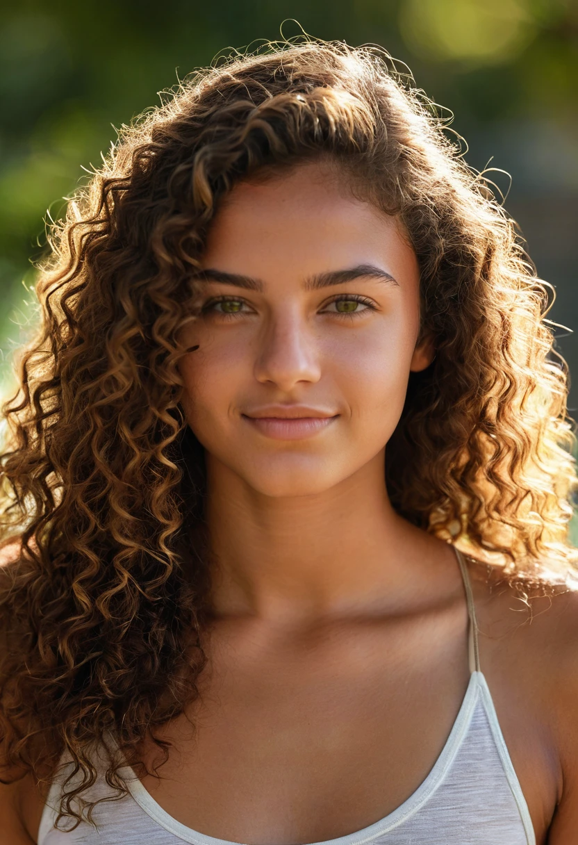 A photorealistic portrait of a 20-year-old Brazilian girl with long, curly brown hair and striking green eyes. She should have a natural, approachable expression and be illuminated by soft, golden-hour sunlight. The background should be a scenic outdoor setting, perhaps a sunlit park or beach. Capture this image with a high-resolution photograph using an 85mm lens for a flattering perspective. She have brown skin