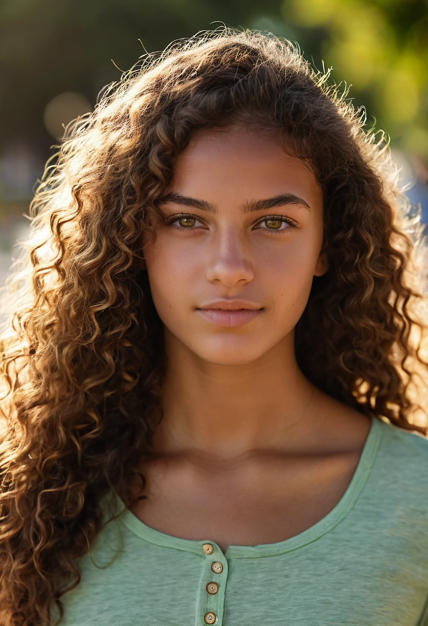 A photorealistic portrait of a 20-year-old Brazilian girl with long, curly brown hair and striking green eyes. She should have a natural, approachable expression and be illuminated by soft, golden-hour sunlight. The background should be a scenic outdoor setting, perhaps a sunlit park or beach. Capture this image with a high-resolution photograph using an 85mm lens for a flattering perspective. She have brown skin