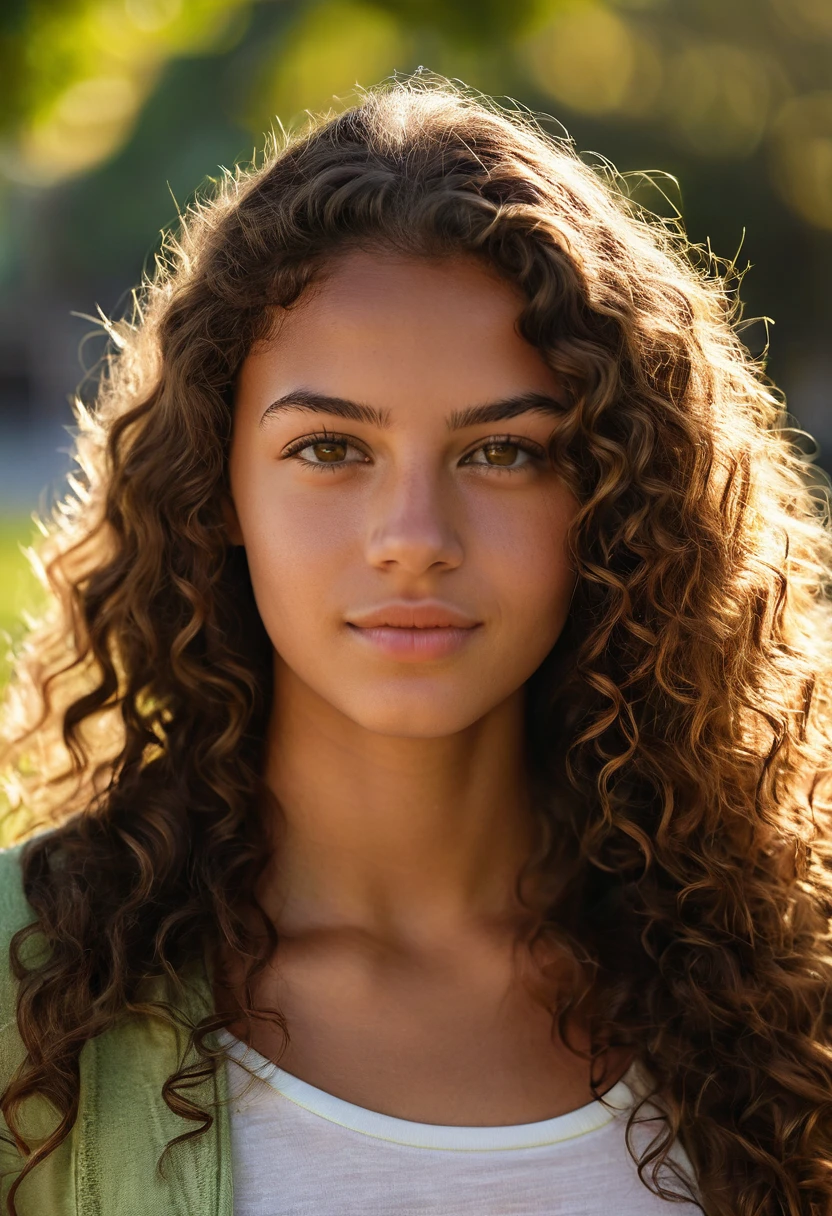 A photorealistic portrait of a 20-year-old Brazilian girl with long, curly brown hair and striking green eyes. She should have a natural, approachable expression and be illuminated by soft, golden-hour sunlight. The background should be a scenic outdoor setting, perhaps a sunlit park or beach. Capture this image with a high-resolution photograph using an 85mm lens for a flattering perspective. She have brown skin