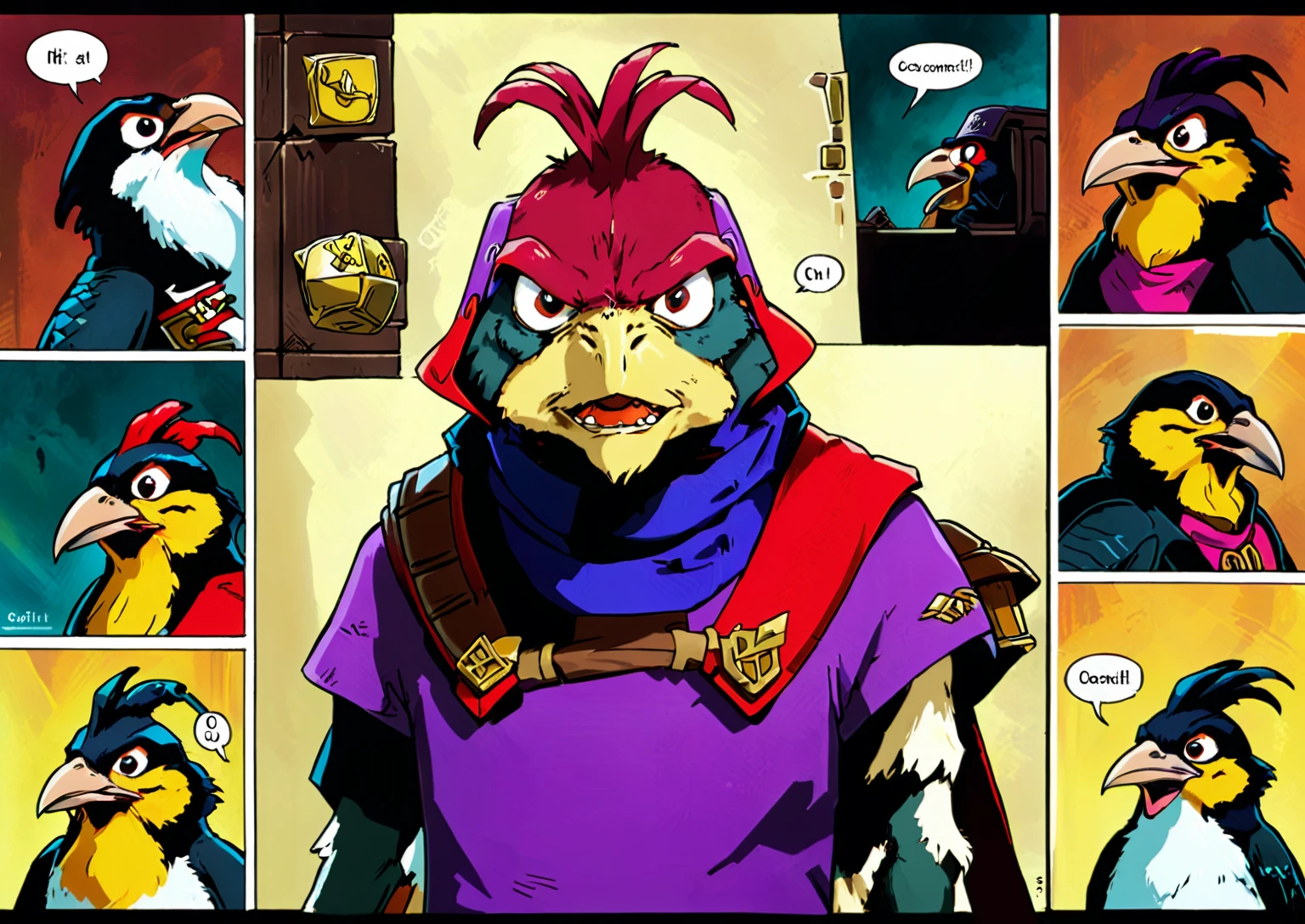 a drawing of a series of three pictures of an anthropomorphized chicken wearing admiral attire, (webcomic), webcomic, avian!!! fursona, squashed, comic inks, beaks, kenku, as a d & d monster, birb, cocky expression, squares, comic shading, the squirrel king