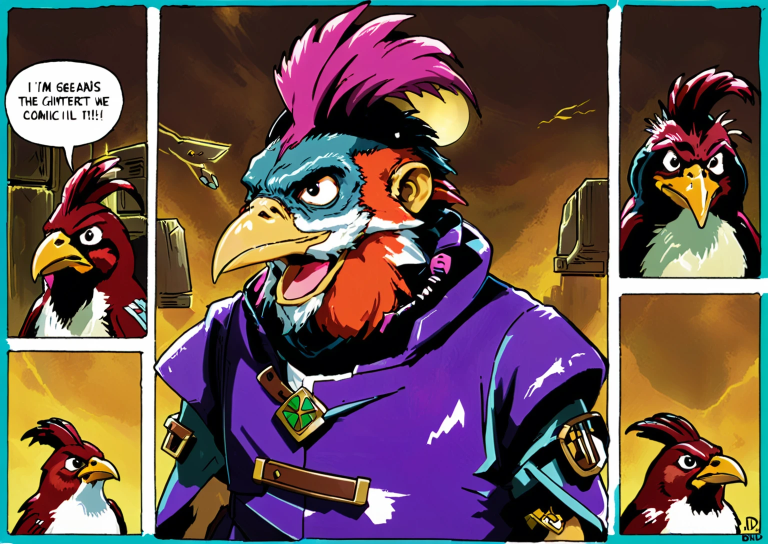 a drawing of a series of three pictures of an anthropomorphized chicken wearing admiral attire, (webcomic), webcomic, avian!!! fursona, squashed, comic inks, beaks, kenku, as a d & d monster, birb, cocky expression, squares, comic shading, the squirrel king