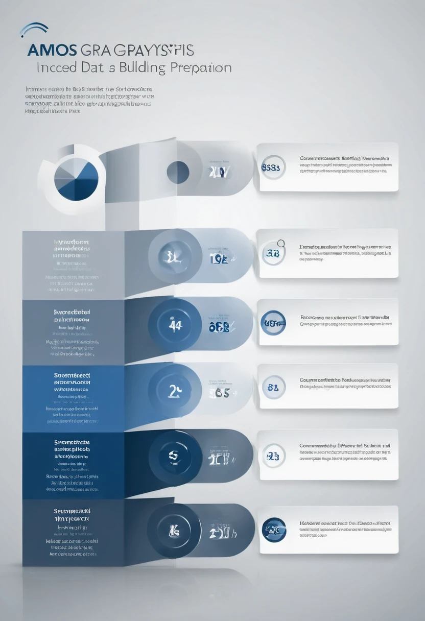 Clean, modern infographic design showing the AMOS data analysis process. Include 5-6 connected steps: data preparation, model building, analysis types, result interpretation, and reporting. Use icons and brief text for each step. Color scheme: professional blues and grays with accent colors. Include small illustrations of data symbols, charts, and a simplified path diagram. Vector style, crisp lines, subtle gradients. Information hierarchy, easy to follow flow. Minimalist design, corporate style, data visualization, score_9.