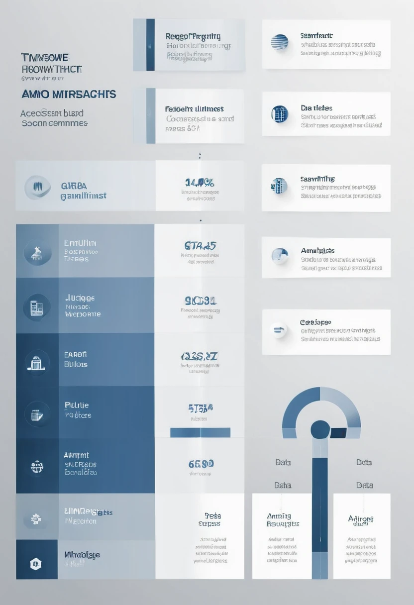 Clean, modern infographic design showing the AMOS data analysis process. Include 5-6 connected steps: data preparation, model building, analysis types, result interpretation, and reporting. Use icons and brief text for each step. Color scheme: professional blues and grays with accent colors. Include small illustrations of data symbols, charts, and a simplified path diagram. Vector style, crisp lines, subtle gradients. Information hierarchy, easy to follow flow. Minimalist design, corporate style, data visualization, score_9.