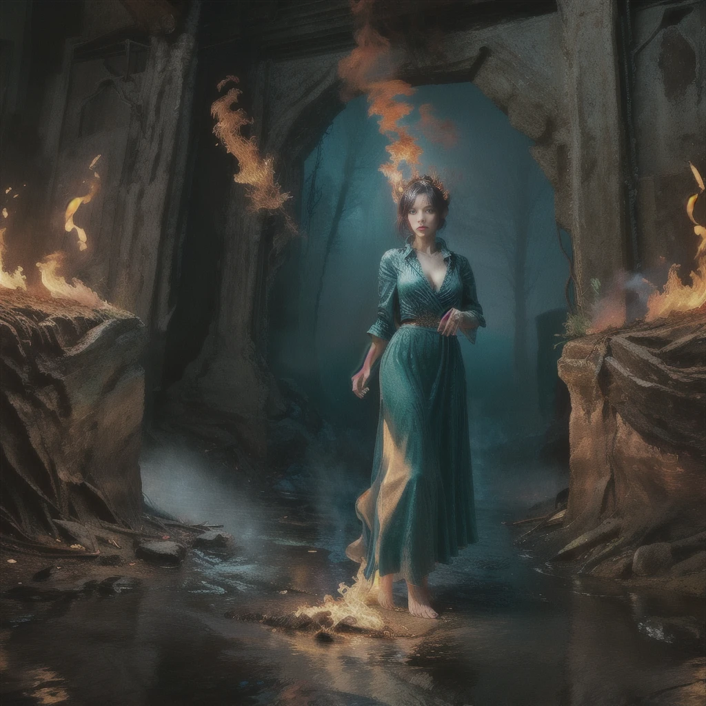 A highly detailed and hyper-realistic depiction of a princess in green skirt, in blue shirt, fire elemental girl, wearing white panties, Realistic hands. ((full body)), mybeauties, The perspective is from below. ((Full body, bare feet)). The character is surrounded by mist, evoking a mysterious and eerie atmosphere. The lighting is dark and atmospheric, with a red smoke adding a touch of sinister ambiance. The image is of the best quality, with a resolution of 4k and HDR enhancement, showcasing the utmost level of detail and realism, sfw, full body shot.