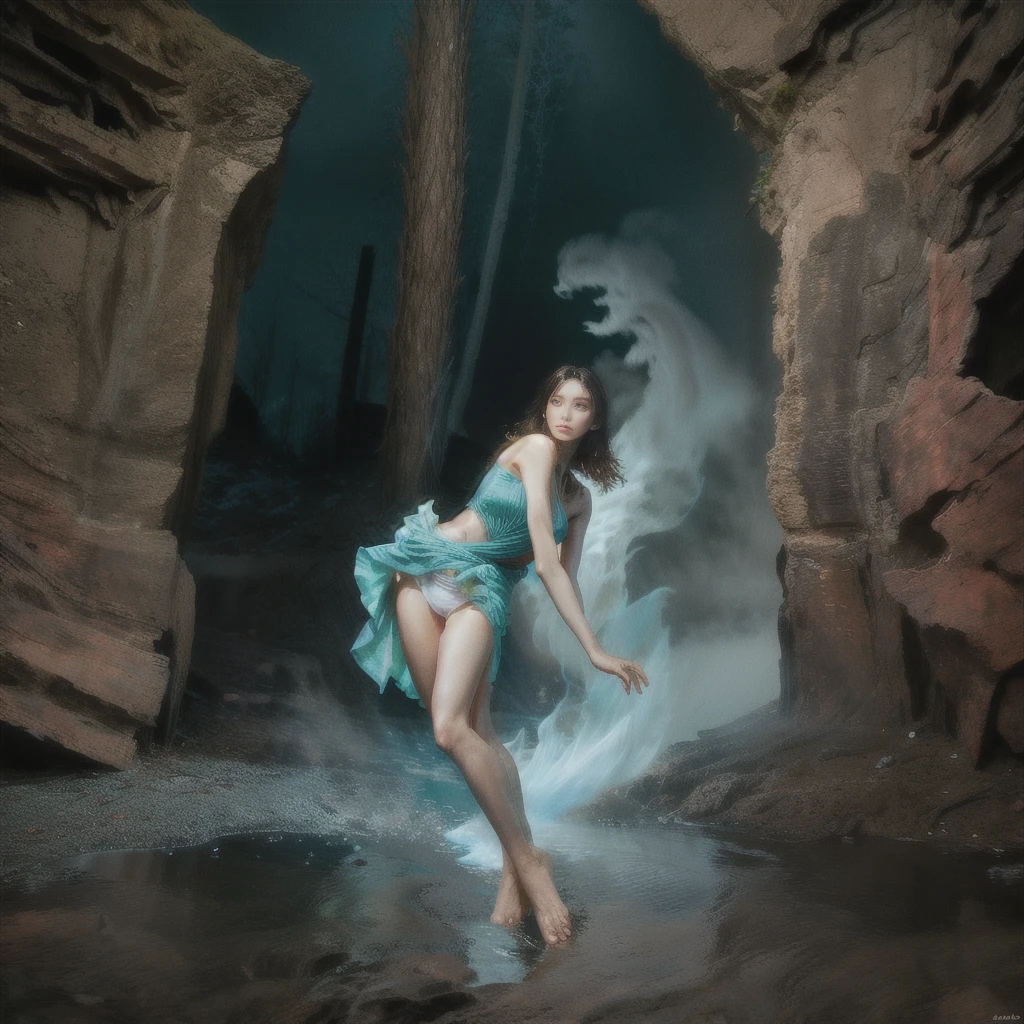 A highly detailed and hyper-realistic depiction of a princess in green skirt, in blue shirt, fire elemental girl, wearing white panties, Realistic hands. ((full body)), mybeauties, The perspective is from below. ((Full body, bare feet)). The character is surrounded by mist, evoking a mysterious and eerie atmosphere. The lighting is dark and atmospheric, with a red smoke adding a touch of sinister ambiance. The image is of the best quality, with a resolution of 4k and HDR enhancement, showcasing the utmost level of detail and realism, sfw, full body shot.