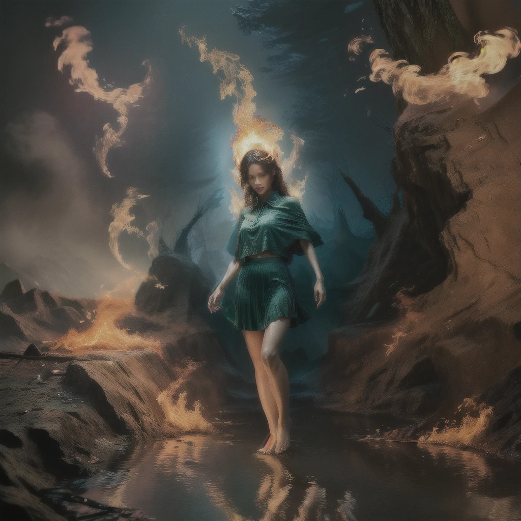 A highly detailed and hyper-realistic depiction of a princess in green skirt, in blue shirt, fire elemental girl, wearing white panties, Realistic hands. ((full body)), mybeauties, The perspective is from below. ((Full body, bare feet)). The character is surrounded by mist, evoking a mysterious and eerie atmosphere. The lighting is dark and atmospheric, with a red smoke adding a touch of sinister ambiance. The image is of the best quality, with a resolution of 4k and HDR enhancement, showcasing the utmost level of detail and realism, sfw, full body shot.