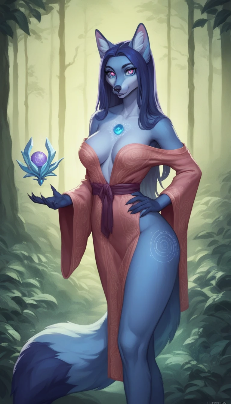 masterpiece, high quality, a look at the viewer, highly detailed, intricate details, This magical creature, an anthropomorphic female fox, stands with a graceful, curvaceous form against the backdrop of a dark forest. Her fur, a blend of midnight blue and shimmering silver, glows faintly in the moonlight. Intricate patterns of luminous white and violet adorn her body, pulsing with magical energy. Her large, almond-shaped eyes are an icy blue, reflecting forest mysteries. Long, delicate ears with silvery tufts and a luxuriant tail with violet and white patterns add to her allure. Her body is covered in thick, plush fur, especially around her chest, where it forms a dense, soft mane that partially conceals her form. She is draped in a flowing mage's robe that covers her body, the deep indigo fabric adorned with mystical runes and symbols, adding to her ethereal presence. Slender limbs end in delicate paws tipped with pearlescent claws. This enchanting female fox exudes an aura of ancient magic, her appearance a blend of natural elegance and otherworldly enchantment.