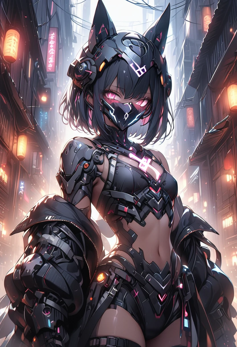 ((masterpiece,high resolution,best quality,8K))
(一名黑皮肤female子,,flat chest,slim,Black short hair,Dark Skin)(female,60% Mechanical,Mechanical helmets,Face covering helmet)
(Black and Lights)Anubis