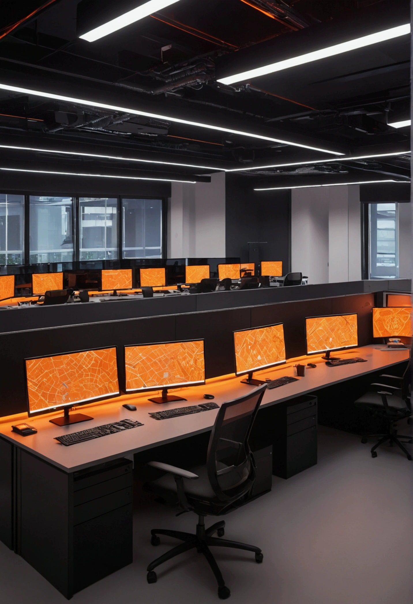 8K big office, hightech, orange backlight, many computers