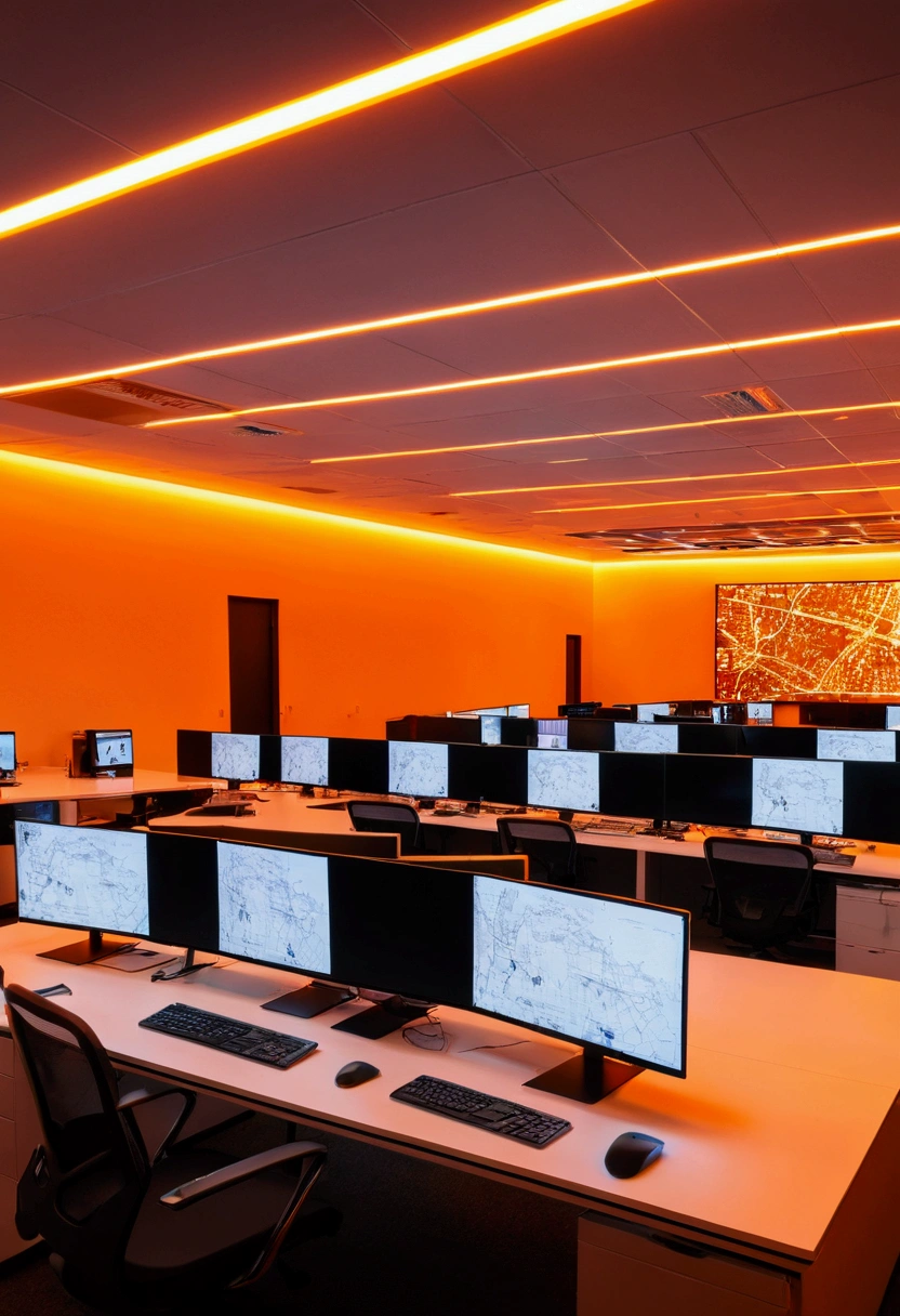 8K big office, hightech, orange backlight, many computers 