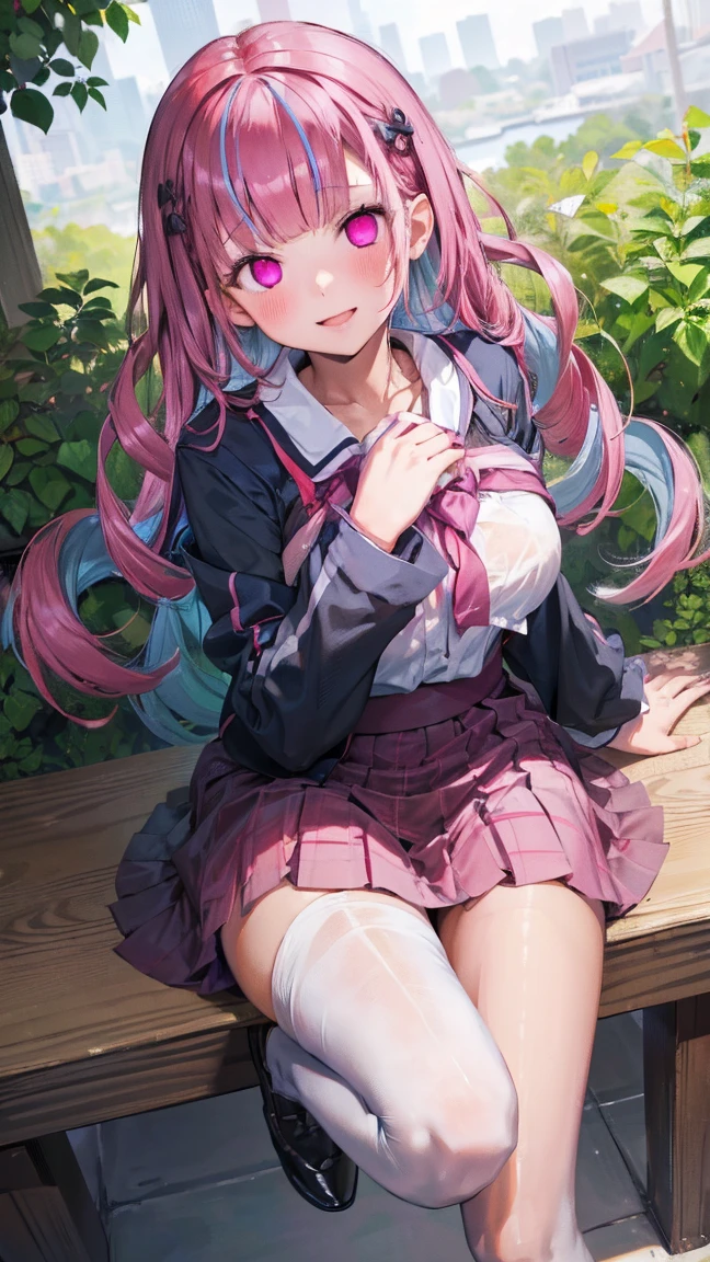 (masterpiece)、(Best image quality)、(Very detailed)、(Very detailed)、4K、(8k)、Best image quality、(beautiful), 1 Girl,Super Breasts、Thick thighs,Noise Reduction、Emphasis on the crotch,(Black Pantyhose:1.2),(nsfw :1.3),(pubic hair:1.3),Sweating,(school uniform:1.2),Ahegao,(Leg spread:1.2),Red glasses,Crouching,Green Check Skirt,Black jacket,White shirt,Touching the crotch with hands,smile