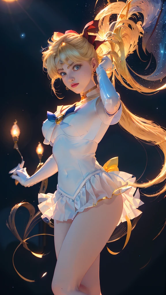 masterpiece、ful:1.3、stands、8k、3d、realisitic、Ultra Micro Photography、top-quality、Wallpapers with extreme details CG Unity 8k、frombelow、intricate detailes、(1 female)、28 year old、(Sailor Moon:1.6 Super Bishoujo Senshi Sailor Moon Mer1、meishaonv,tierra、Sailor Senshi Uniform Sailor:1.5、sailormoon:1.5,Eternal Sailor Moon)、(Incredibly long bright twin-tailed blonde:1.4、Thin and very long straight twin tail blonde, Hair buns、Red round hair ornament in a hair bun)、((Sailor Senshi Uniform:1.4、Blue collar,Blue sailor color,Blue Pregate Ultra Mini Skirt:1.5、very large red bow on the chest,,Long white latex gloves,Red gloves on the elbows、Bare upper arms,Luxurious golden tiara on forehead、耳Nipple Ring,Luxurious Golden Jewelry、high leg swimsuit))、Very thin and fit high gloss white holographic leather、High Gloss White Latex High Leg Swimsuit That Shines Like Oil,(Details of face:1.5、Blue eyes、Beautiful expression、beautidful eyes、Outline of the iris, Eyes with highlights、thin lipss:1.5、thin and sharp pale eyebrows,、long eyeslashes、Double eyelashes、Thin, thin and muscular,,,、a small face、tall and large chest、perfectly proportions、big breasts thin waist、Sexy Model Pose、Dynamic Poses,Visible Pore、seducting smile、perfect hand:1.5、octan render、highly dramatic picture、(Lunar divinity,cosmic background、rays of moonlight、a moon、Dynamic backgrounds、exquisite lighting and shadow、dynamic ungle、Detailed background),Strong natural light、sunlights、Digital SLR、sharp focus: 1.0、Maximum clarity and sharpnesecha musume,(honestly, double bun, twintails, parted bangs, circlet, jewelry, earrings, choker, red bow, white gloves, elbow gloves, blue skirt,(honestly, double bun, twintails, parted bangs, hair ornament, circlet, jewelry, earrings, choker, see-through, red bow, white gloves, elbow gloves, multicolored skirt)
)