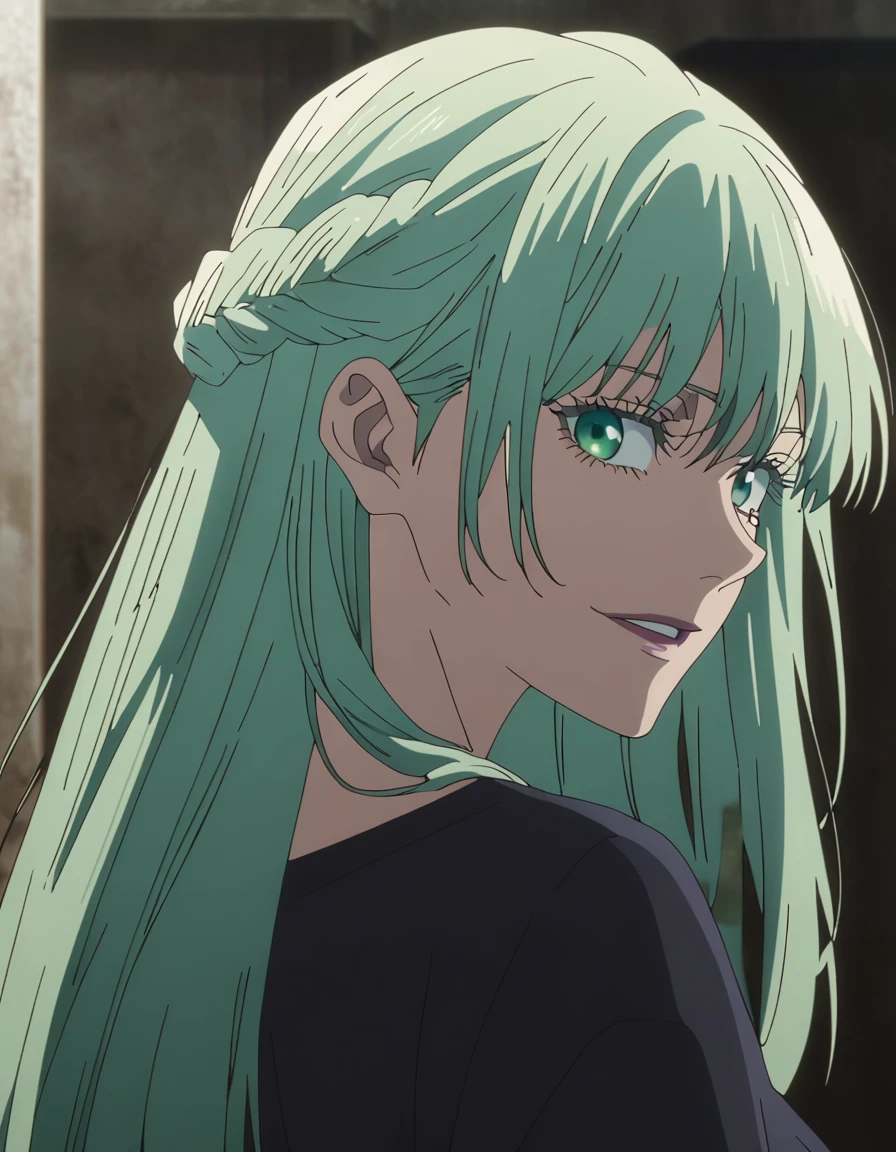1girl, female gojo satoru, anime screencap from jujutsu kaisen, gojo satoru female version, solo, long_Green hair, hair strands, french braid, black round sunglasses, Green Eyes, parted_lips, smiling, looking_at_viewer, perfect background, indoors, back view, white_hair, bangs, eyelashes, black_shirt, shirt, hair_between_eyes, floating hair, (long hair, french braid) ((shot from behind))
