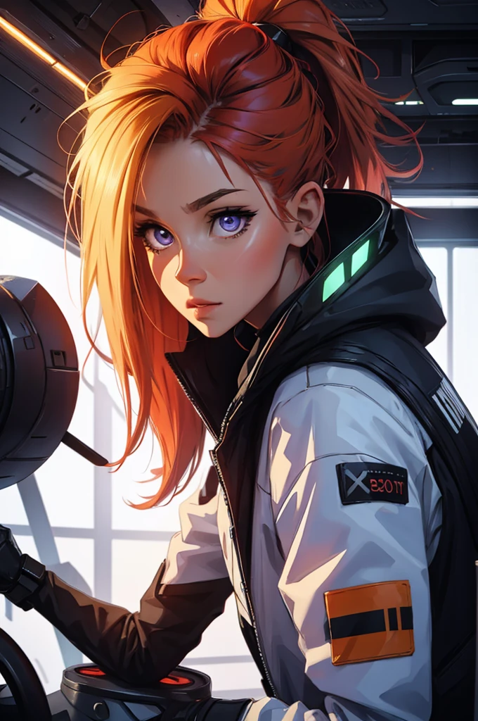 ponytail hair, no-helmet, red hair, ginger, mature girl, super beautiful, super blue and orange, purple., fiery red, red hair, portrait, light vintage blonde color hair, scientist character, female, super strong, female, blonde and silver clothing, cyberpunk female, short blonde hair, portrait, close-up, in a spaceship hangar, a female in a sci-fi jumpsuit with led lights making shapes, she has short light green hair, purple eyes, silver clothing.