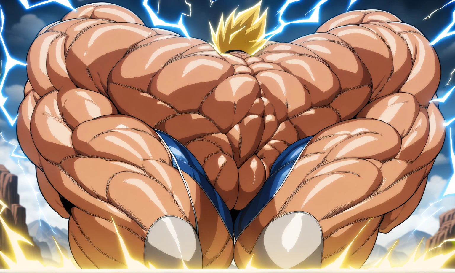 1boy, Vegeta, from Dragon Ball Z, masterpiece, best quality, very aesthetic, absurdres, saiyan, green eyes, spiked hair, (yellow hair:1.5), shirtless, blue skintight pants, white gloves, (huge muscles:2.5), dragonballartstyle, in the style of Akira Toriyama, white tiled floor, outdoors, flat-top mountains, nipples, yellow aura, electricity, (huge thighs:2), (bulging back muscles:2)