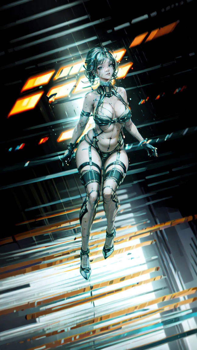 8K, Raw photo, highest quality, masterpiece, Very Long Shot, aerial view, cinematic lighting,| female cyborg with exposed mechanical parts, dynamic shooting poses to showcase her agility as she moves through the futuristic landscape, breaking off the heavens

