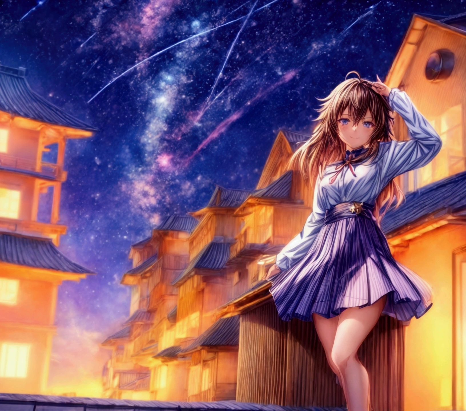 anime girl standing on the roof looking at the night sky with stars, anime wallpaper 4k, anime wallpaper 4 k, 4k anime wallpaper, 8K anime art wallpaper, 4k anime art wallpaper, 4K anime art wallpaper, 4K anime-style, makoto shinkai cyril rolando, 4k manga wallpaper, anime wallpaper, amazing wallpaper, shooting stars