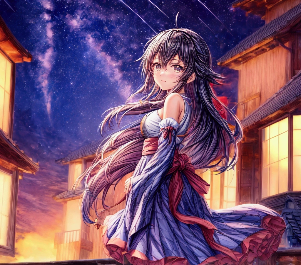 anime girl standing on the roof looking at the night sky with stars, anime wallpaper 4k, anime wallpaper 4 k, 4k anime wallpaper, 8K anime art wallpaper, 4k anime art wallpaper, 4K anime art wallpaper, 4K anime-style, makoto shinkai cyril rolando, 4k manga wallpaper, anime wallpaper, amazing wallpaper, shooting stars