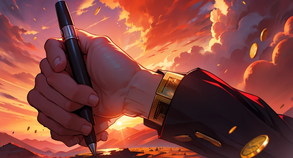 Man holding a pen, bitcoin coins falling from the sky, crimson sky 