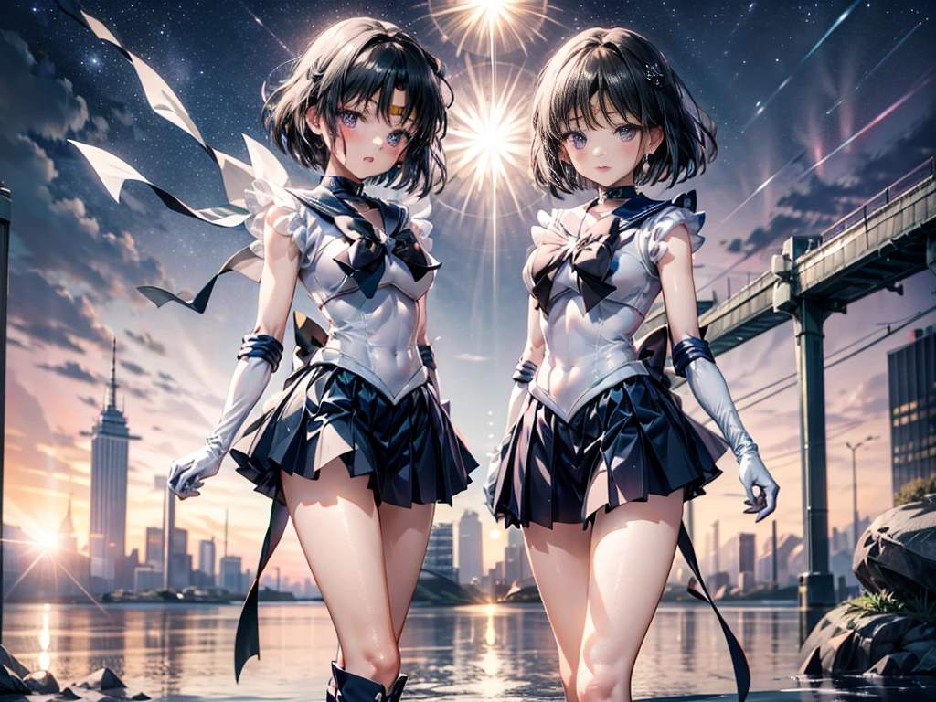High resolution,Detailed Description,Highest quality,(Sailor Warrior Uniform),Sailor Saturn,Black Hair,universe,leotard,High Leg,Purple Skirt,Knee-high boots,Elbow Handbag,Thick thighs,The skirt is short,スカートの下に白色のleotardが見える,The skirt is blown away by the wind,Defenseless crotch,blush,Embarrassed expression,Open your mouth,