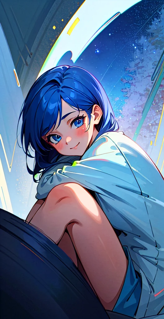 (masterpiece:1.2, best quality:1.2, beautiful, high quality, highres:1.1, aesthetic), detailed, extremely detailed, ambient soft lighting, 4K, perfect lighting, perfect face, perfect eyes,  1 girl, samantha, blue hair, blue eyes, smile, full length, dark blue hair, forest, night, stars