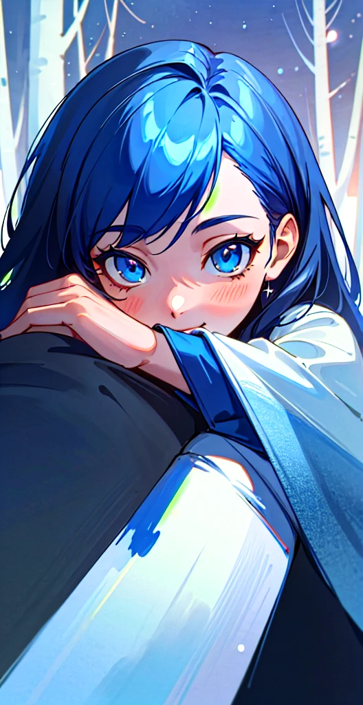 (masterpiece:1.2, best quality:1.2, beautiful, high quality, highres:1.1, aesthetic), detailed, extremely detailed, ambient soft lighting, 4K, perfect lighting, perfect face, perfect eyes,  1 girl, samantha, blue hair, blue eyes, smile, full length, dark blue hair, forest, night, stars