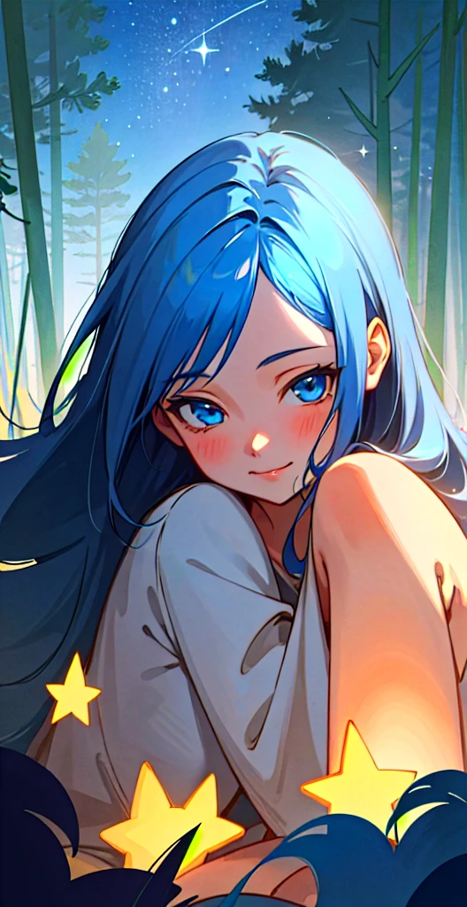 (masterpiece:1.2, best quality:1.2, beautiful, high quality, highres:1.1, aesthetic), detailed, extremely detailed, ambient soft lighting, 4K, perfect lighting, perfect face, perfect eyes,  1 girl, samantha, blue hair, blue eyes, smile, full length, dark blue hair, forest, night, stars