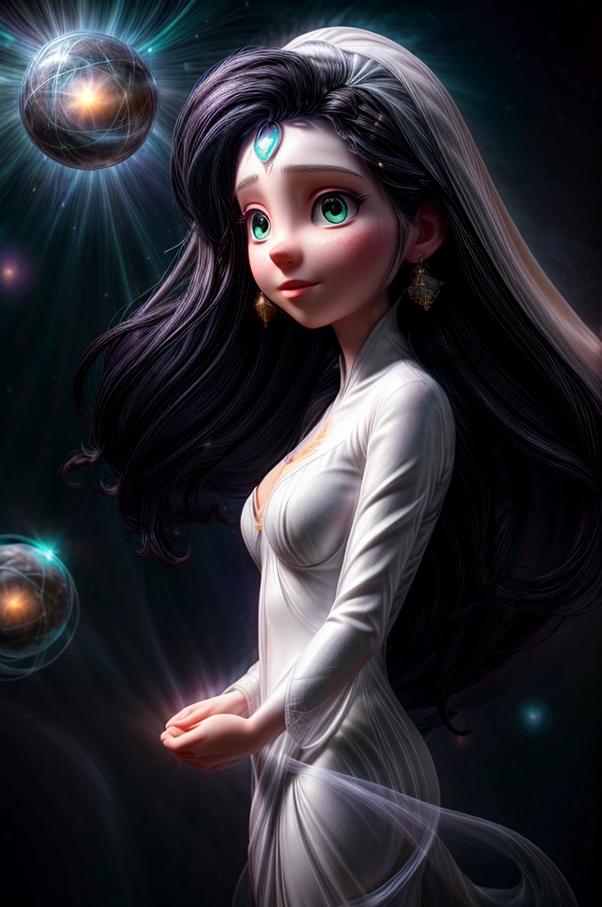 a beautiful white woman with long black hair, ethereal spiritual being floating in a cosmic space, mystical dimensional portal, intricate energy field surrounding her body, glowing orbs of light orbiting her, volumetric lighting, cinematic composition, dramatic chiaroscuro lighting, dreamlike atmosphere, vibrant colors, highly detailed, photorealistic, 8k, masterpiece